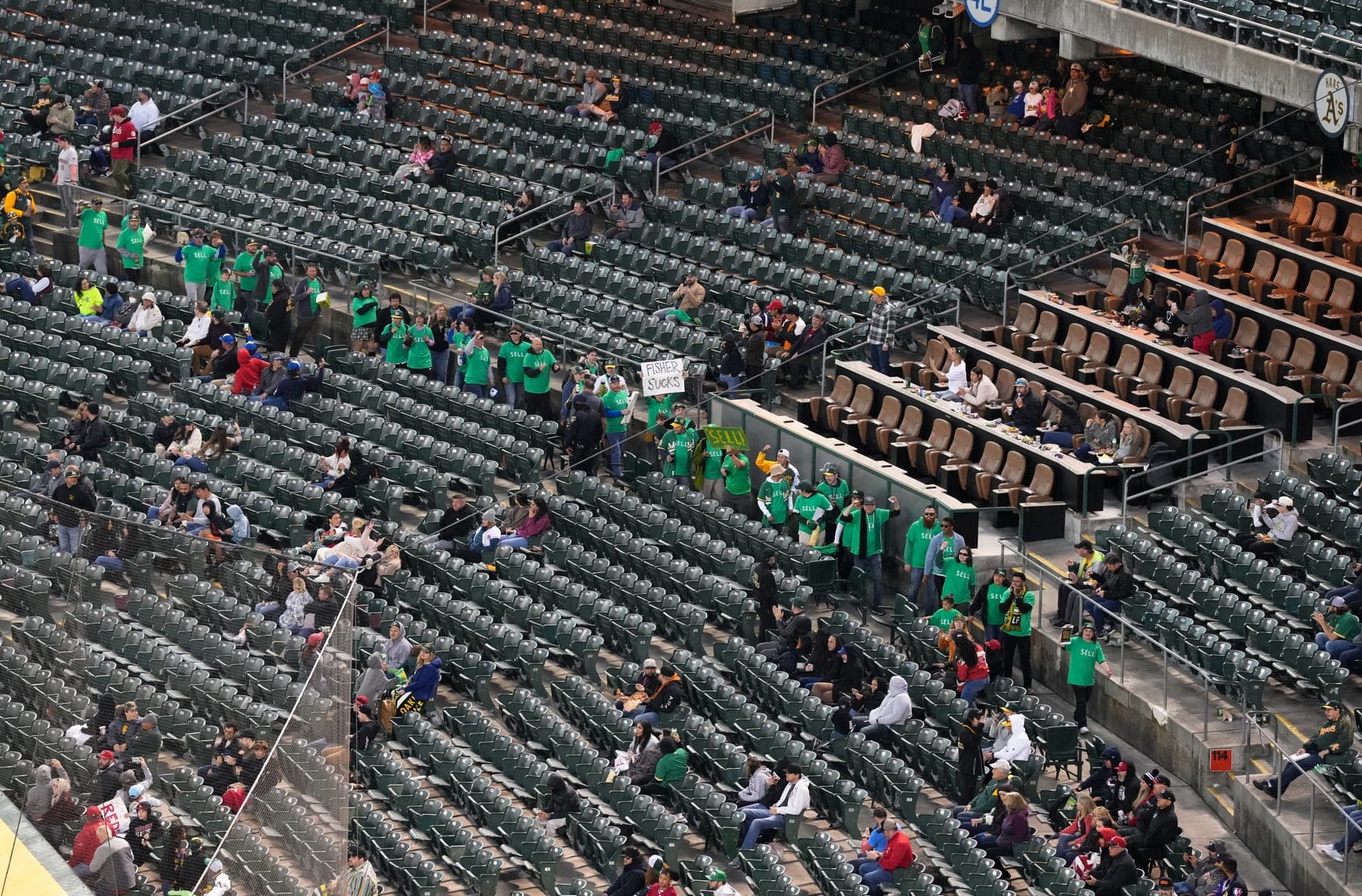 Oakland fans protest owner John Fisher's proposed move to Las Vegas, April 28, 2023. A related protest about six weeks before the June 13 reverse boycott. Not the boycott itself.
