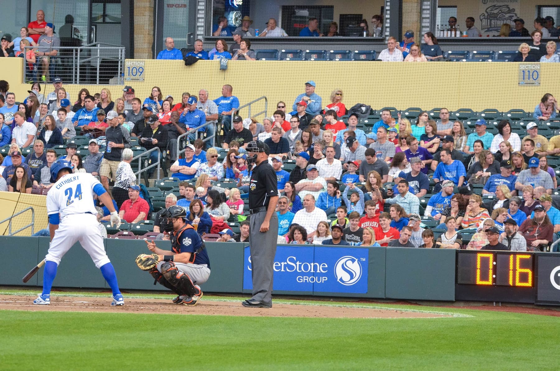 A minor-league pitch clock at Werner Park (Omaha), April 2015. A related image only; not the 2023 spring training game and not Cal Conley.